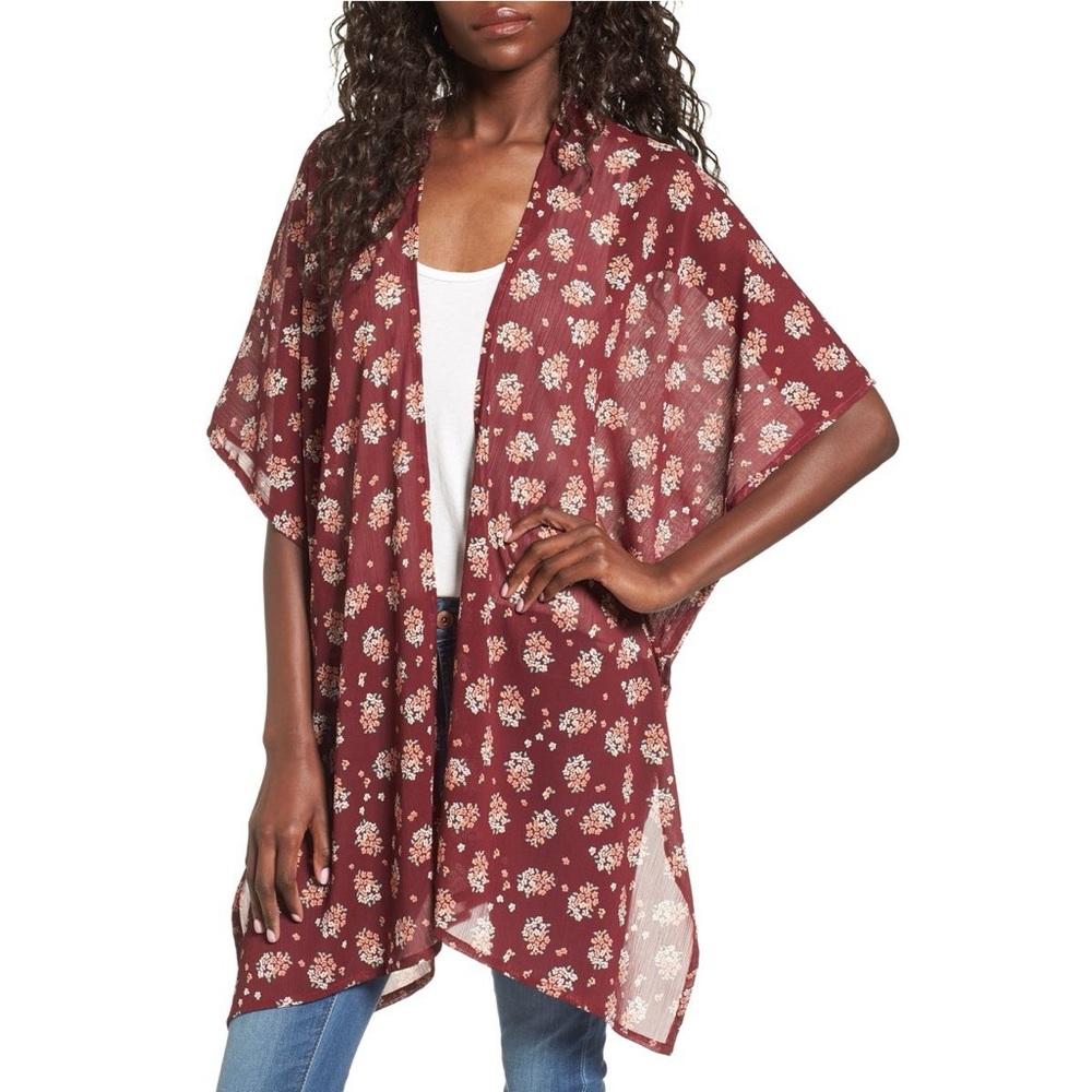 David and Young Burgundy Floral Open Front Lightweight Kimono Topper, One Size